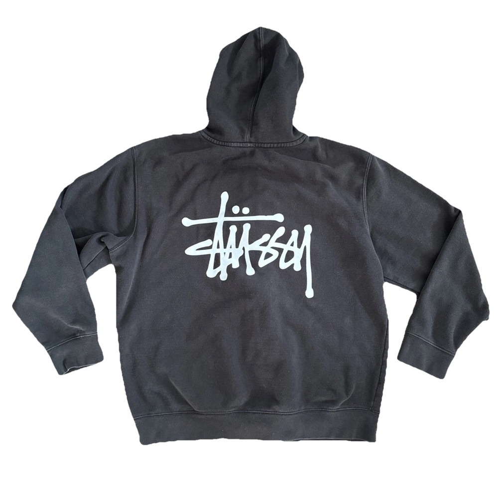 Stussy Full Zip Hoodie Men Large Black Stock Logo Boxy Sweatshirt Vintage Y2K